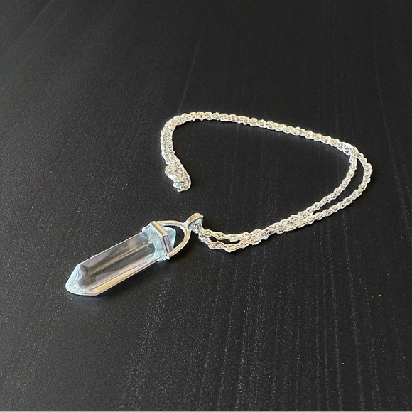 Clear Glass Crystal Point Necklace – Silver Tone Chain – Boho, Witch - Picture 3 of 7